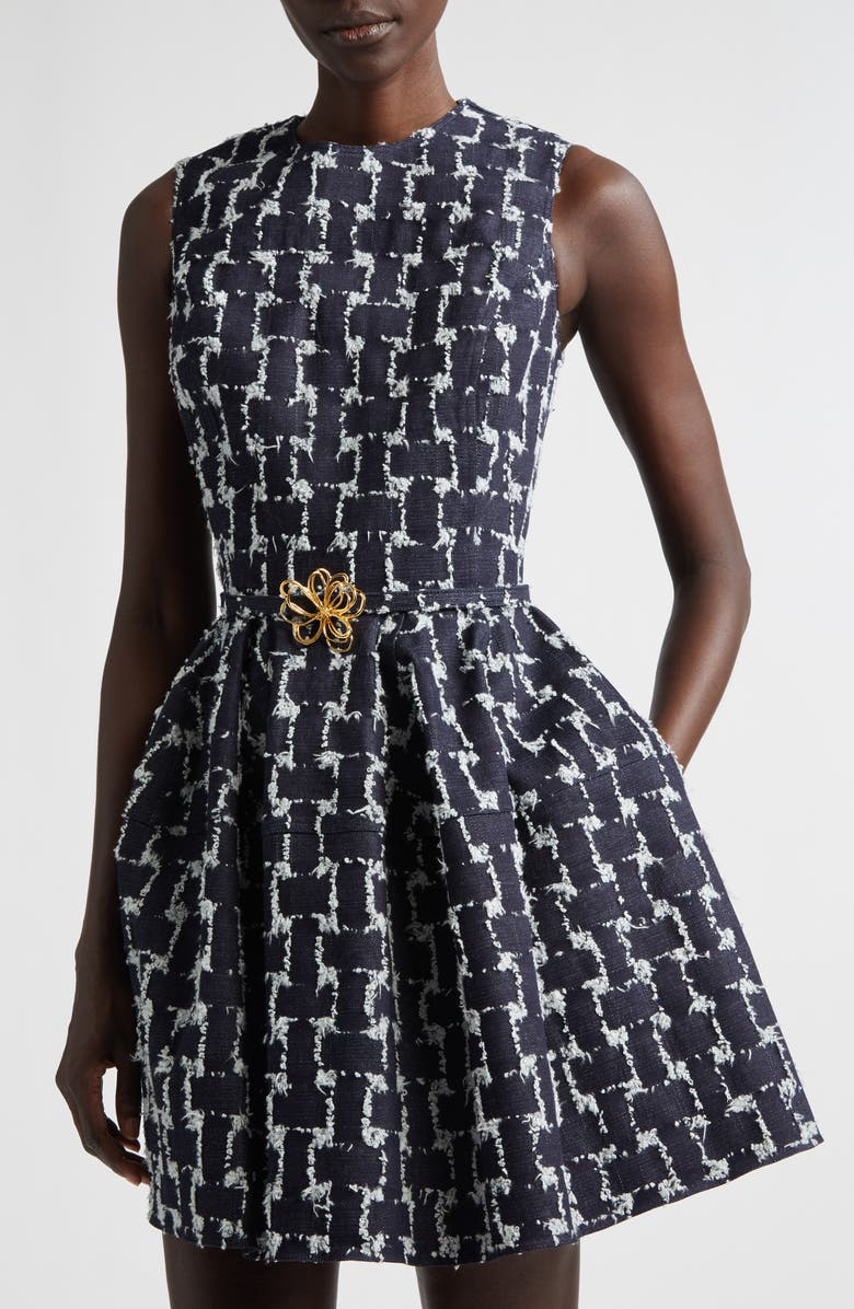 Oscar de la Renta Frayed Jacquard Denim Fit & Flare Minidress, Alternate, color, Indigo