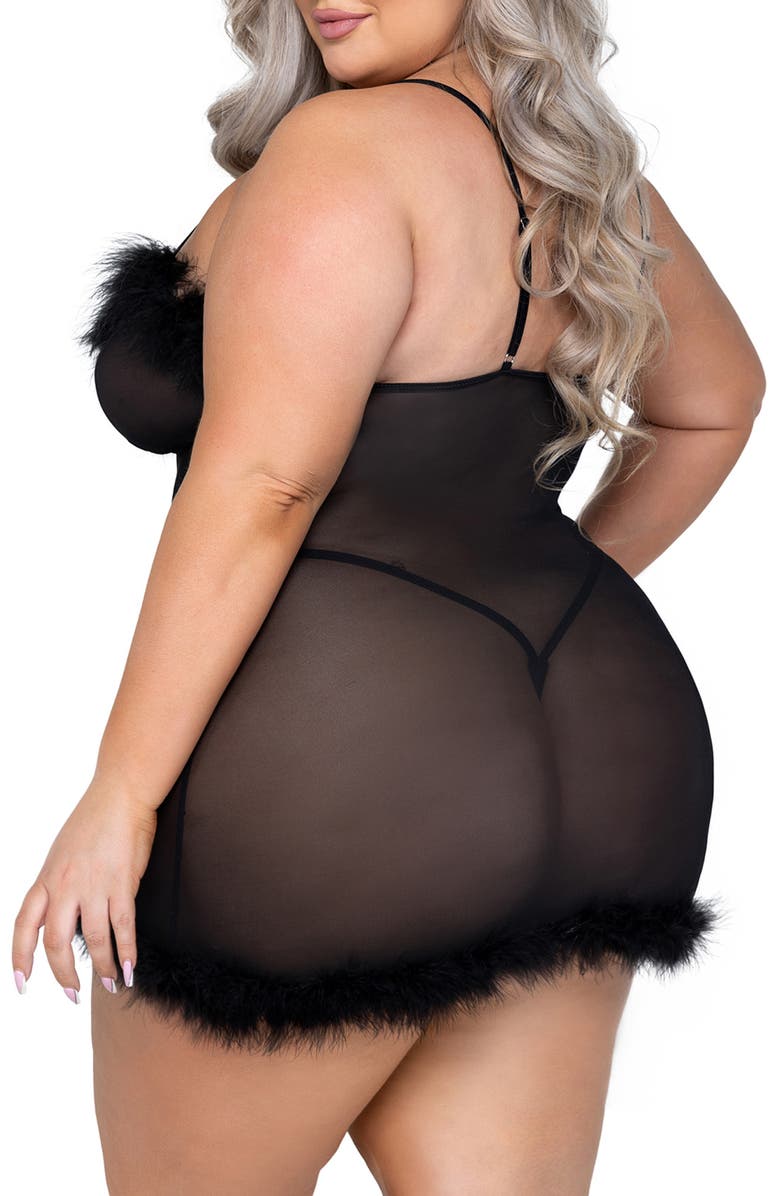 Roma Confidential After Hours Feather Trim Mesh Chemise with G-String Thong, Alternate, color, Black