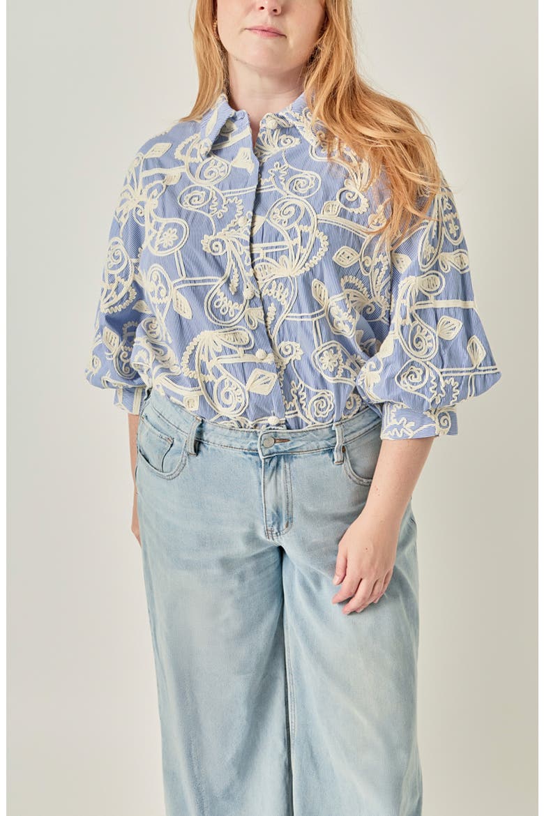 Embroidered Striped Volume Sleeve Shirt, Alternate, color, BLUE/ CREAM