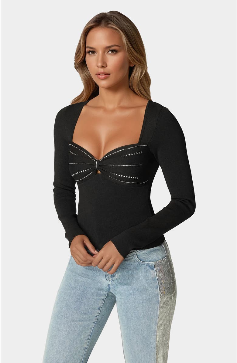 bebe Embelished Long Sleeve Sweater, Alternate, color, Black