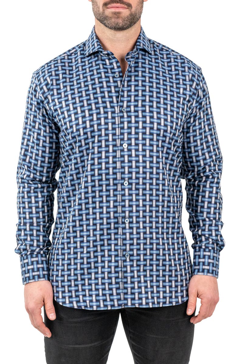 Maceoo Einstein Jacqdigiweave Blue Contemporary Fit Cotton Blend Button-Up Shirt, Main, color,