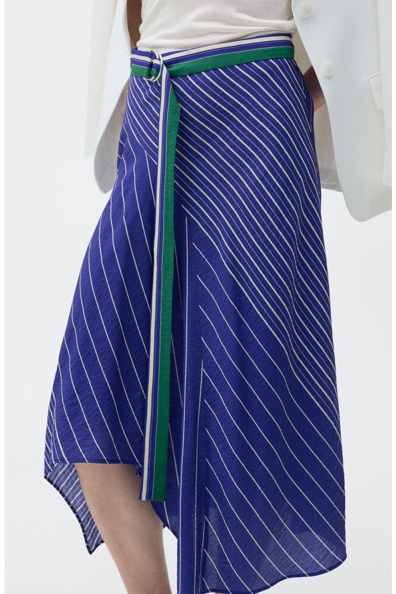 Stripe Belted Asymmetric Midi Skirt, Main, color, BLUE