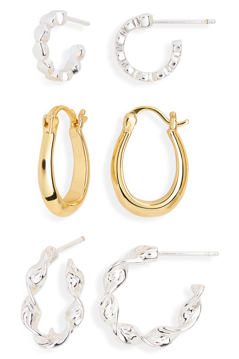3-Pack Hoop Earrings, Main, color, GOLD- SILVER