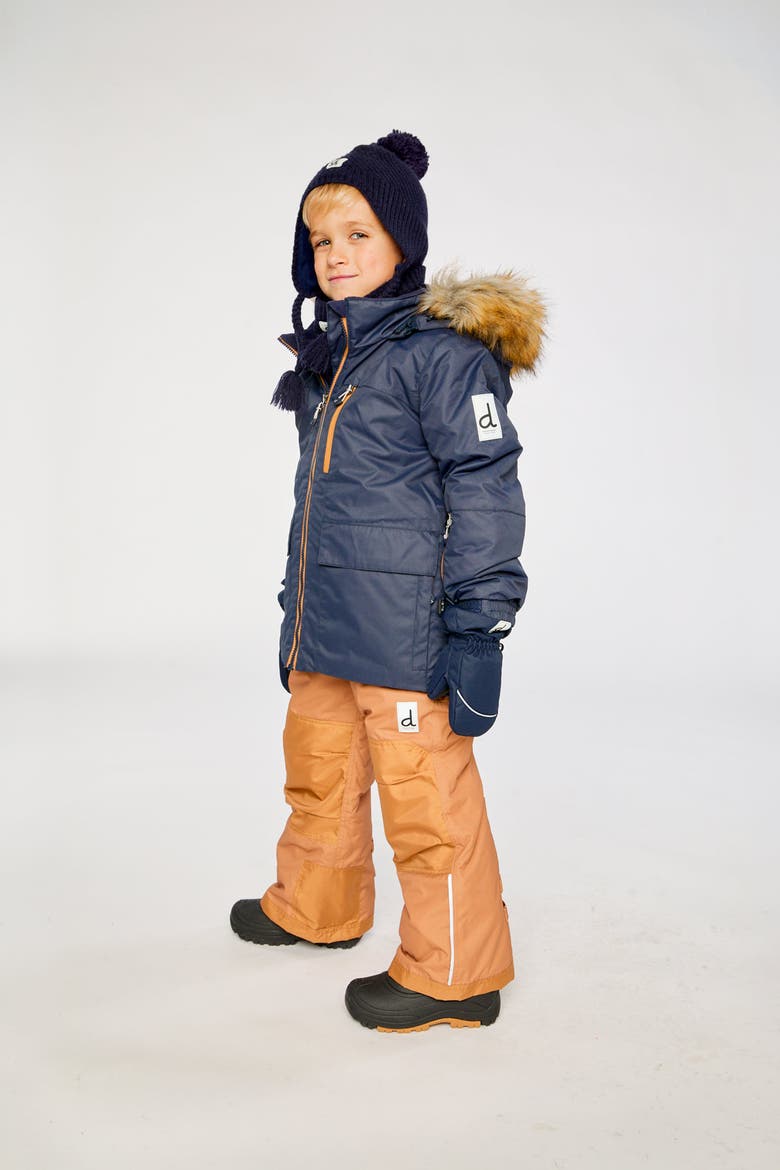 Play Faux Fur Hood Jacket & Pants Two Piece Snowsuit, Alternate, color, Navy Blue and Brown