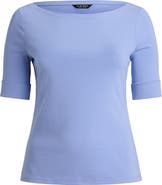 Lauren Ralph Lauren Judy Elbow Sleeve Boat Neck Stretch Cotton Top