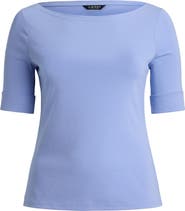 Lauren Ralph Lauren Judy Elbow Sleeve Boat Neck Stretch Cotton Top
