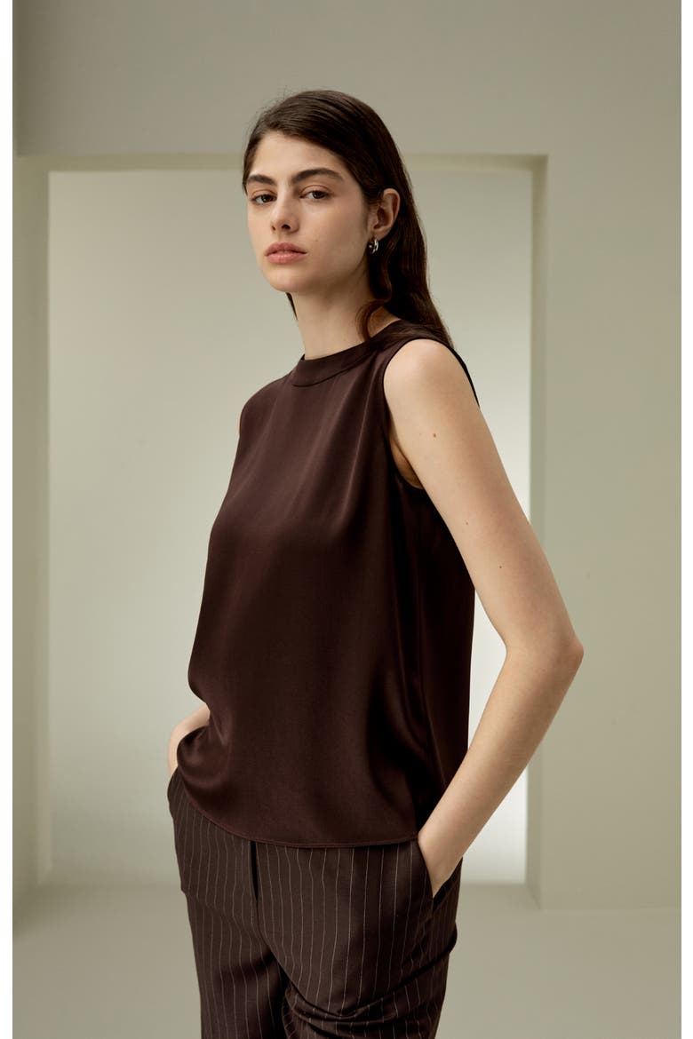 Women's Sleeveless Round Neck Silk Top, Alternate, color, Dark-Brown