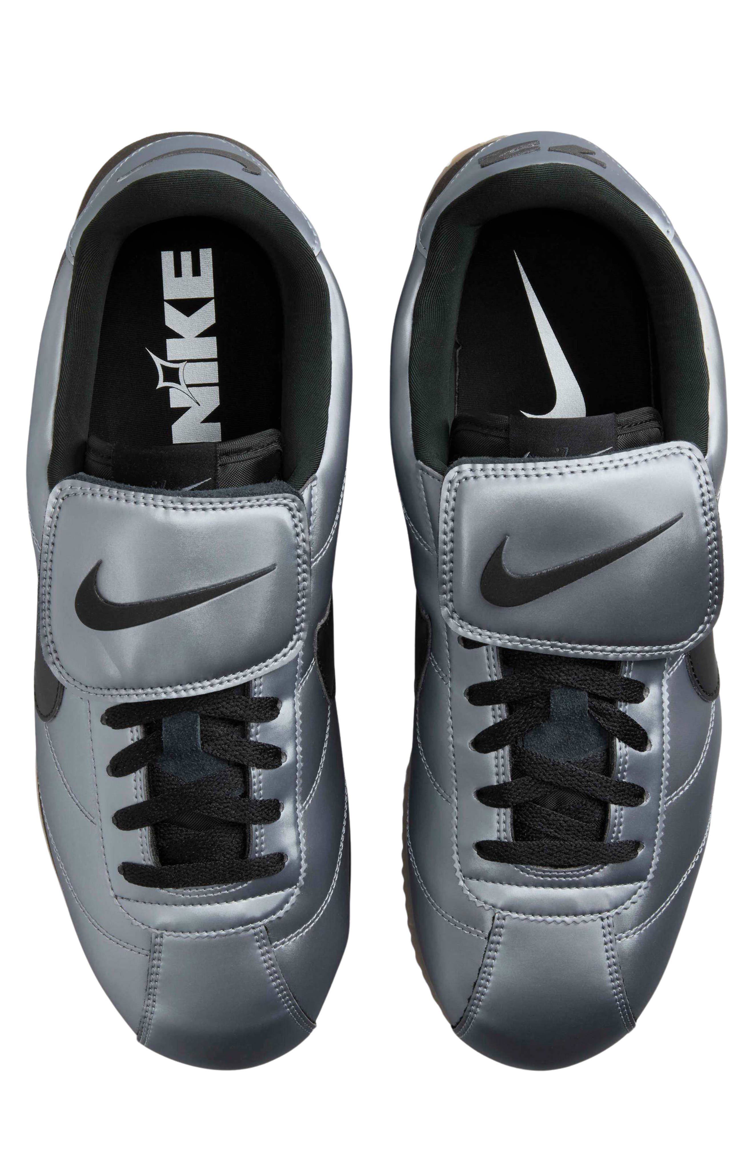 Nike Cortez Leather SE 'Metallic Cool Grey/Black' Soccer Sneaker, Alternate, color, 