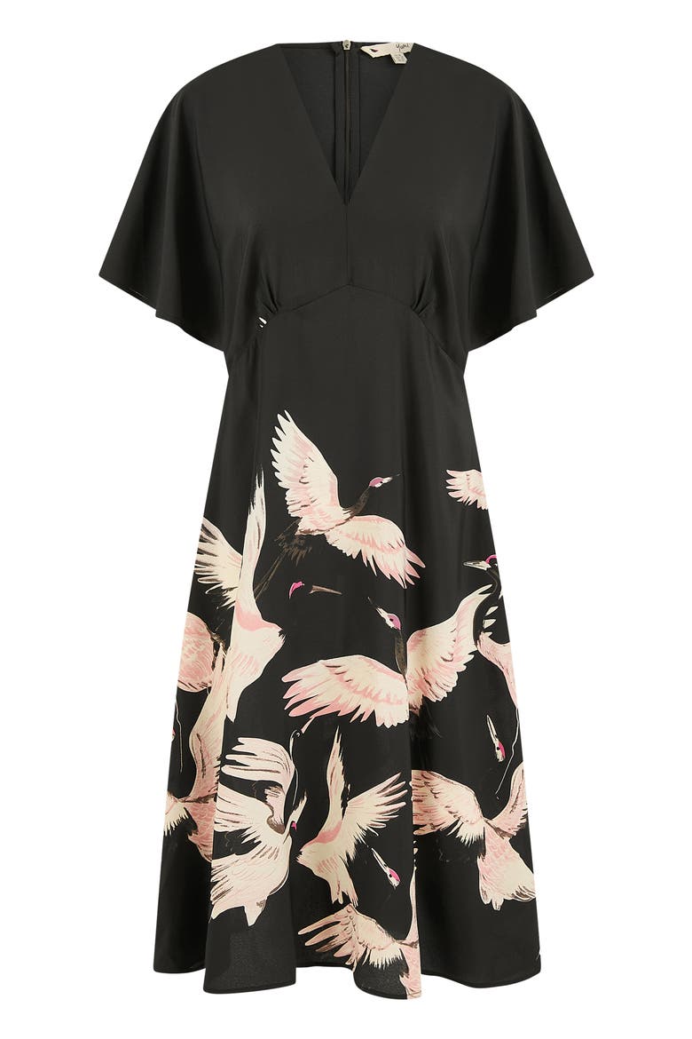 Crane Print Dress, Alternate, color, Black