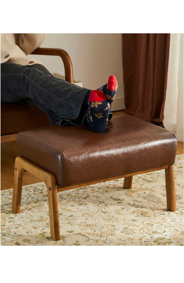 Glitzhome Mid-century Modern Faux Leather Accent Stool with Walnut Rubberwood Legs, Alternate, color, Coffee