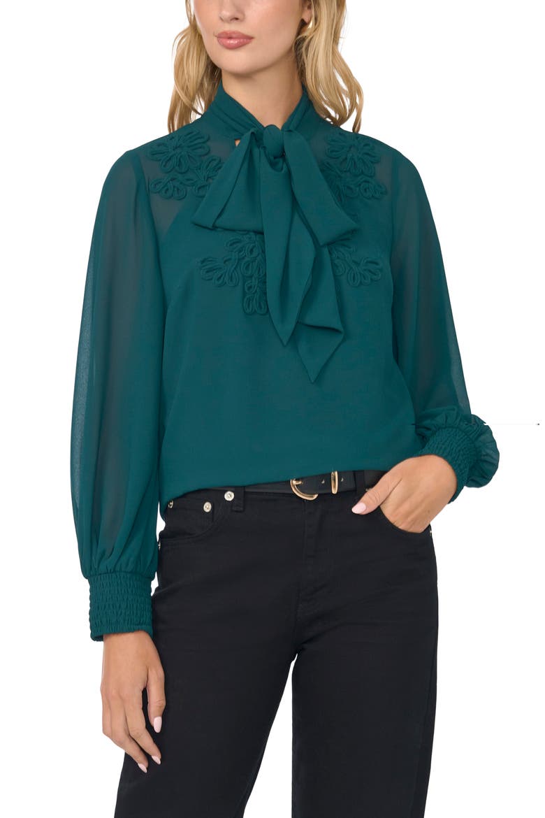 Soutache Embroidered Tie Neck Top, Main, color, DEEP EMERALD