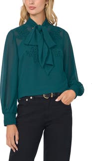 Vince Camuto Soutache Embroidered Tie Neck Top