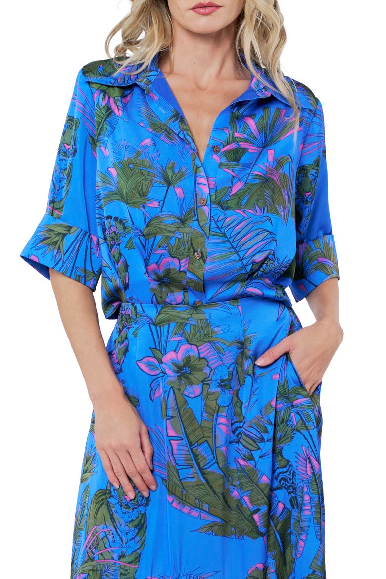 Aurelia Palm Print Elbow Sleeve Button-Up Shirt, Main, color, BLUE MULTI