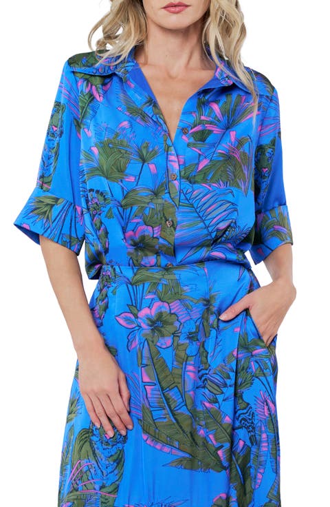 Aurelia Palm Print Elbow Sleeve Button-Up Shirt