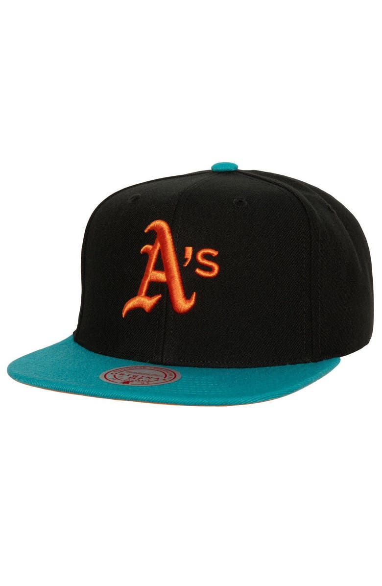Mitchell & Ness Men's Mitchell & Ness Black/Teal Oakland Athletics Citrus Cooler Snapback Hat, Main, color, 