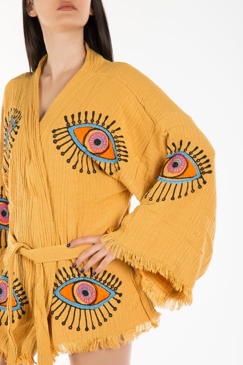 Forever & Always Shoes Sereia Evil Eye Handmade Cotton Short Kimono In Mustard Yellow
