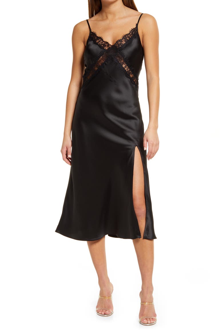 Showing Up In Elegance Satin Midi Dress, Main, color, BLACK
