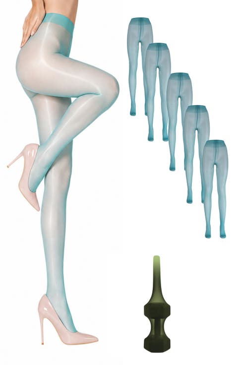 5-Pack Glossy Semi-Sheer Opaque Ladder Resistant Party Evening Tights for Women