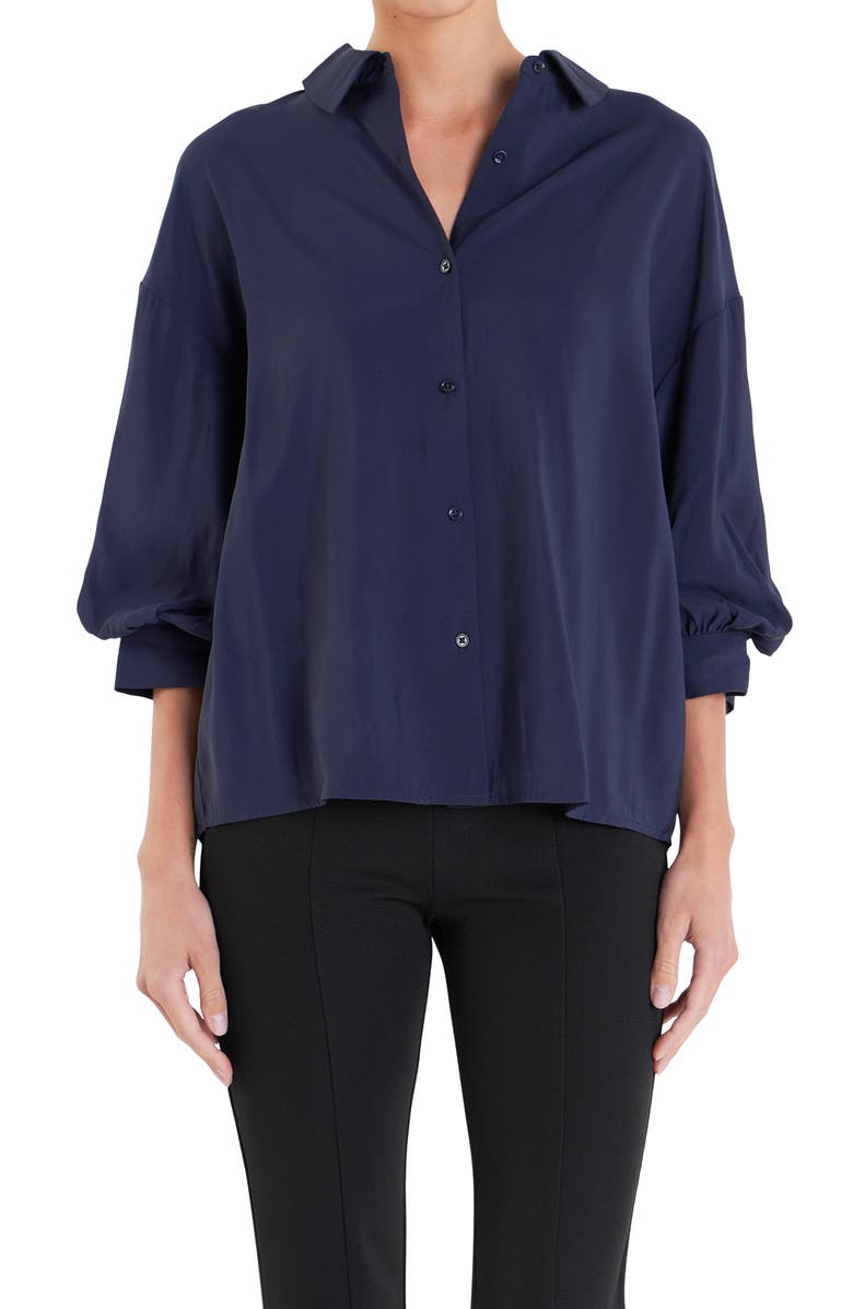 English Factory Balloon Sleeve Button-Up Shirt, Alternate, color, Navy