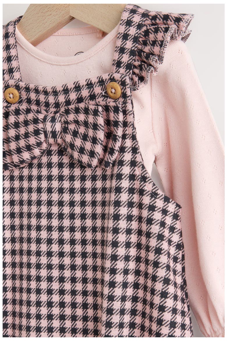 Pointelle Bodysuit & Bow Accent Check Overalls Set, Alternate, color, PINK