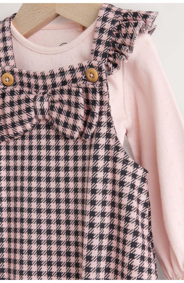 NEXT Pointelle Bodysuit & Bow Accent Check Overalls Set, Alternate, color, Pink