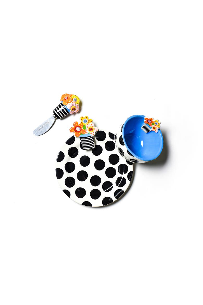 Flowers Embellishment Plate Bowl and Spreader Set, Main, color, Black