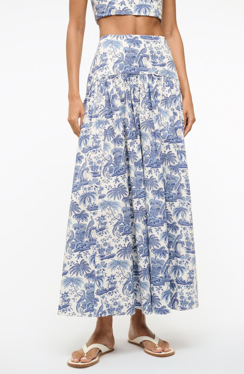 STAUD Procida Floral Print Maxi Skirt, Main, color, Blue Toile