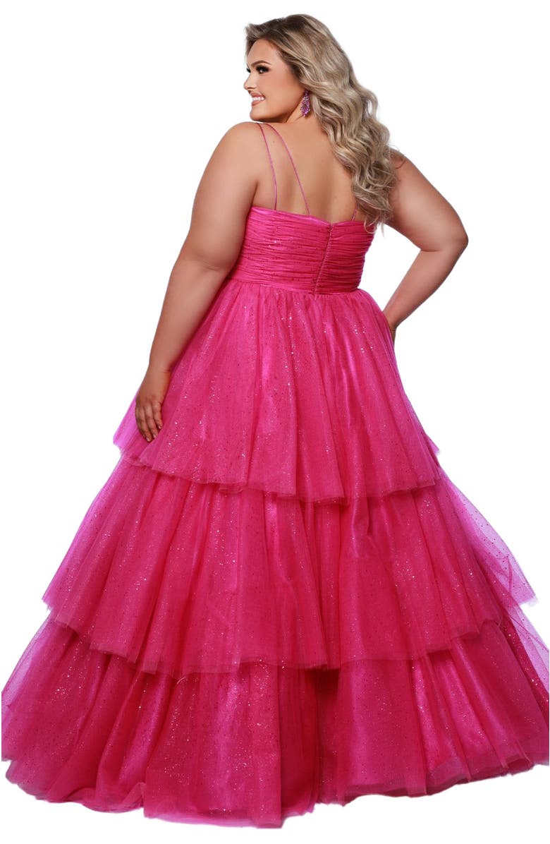 Sydney's Closet Spaghetti Strap Teired Plus Size Ballgown, Main, color, Pink
