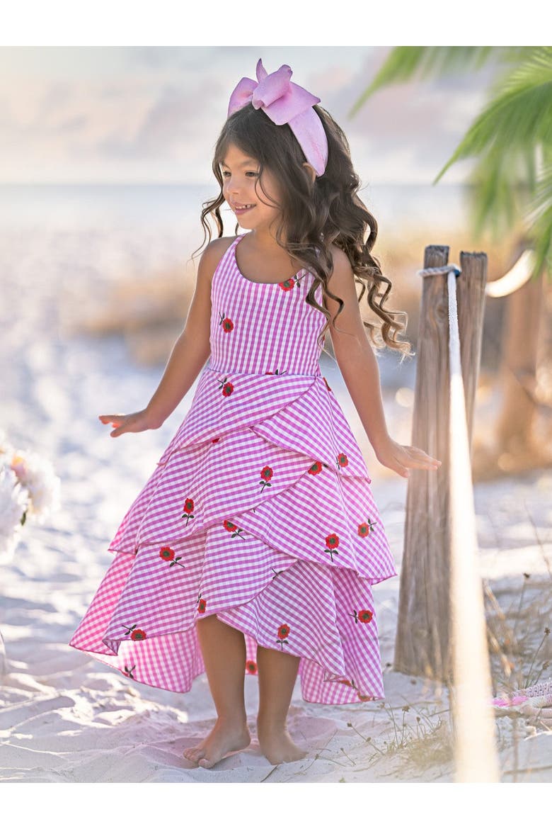 Girls Seaside Bloom Gingham Embroidered Floral Ruffle Dress, Alternate, color, Pink
