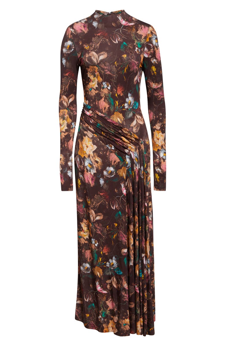 Lela Rose Long Sleeve Floral Draped Front Jersey Maxi Dress, Alternate, color, Brown Multi