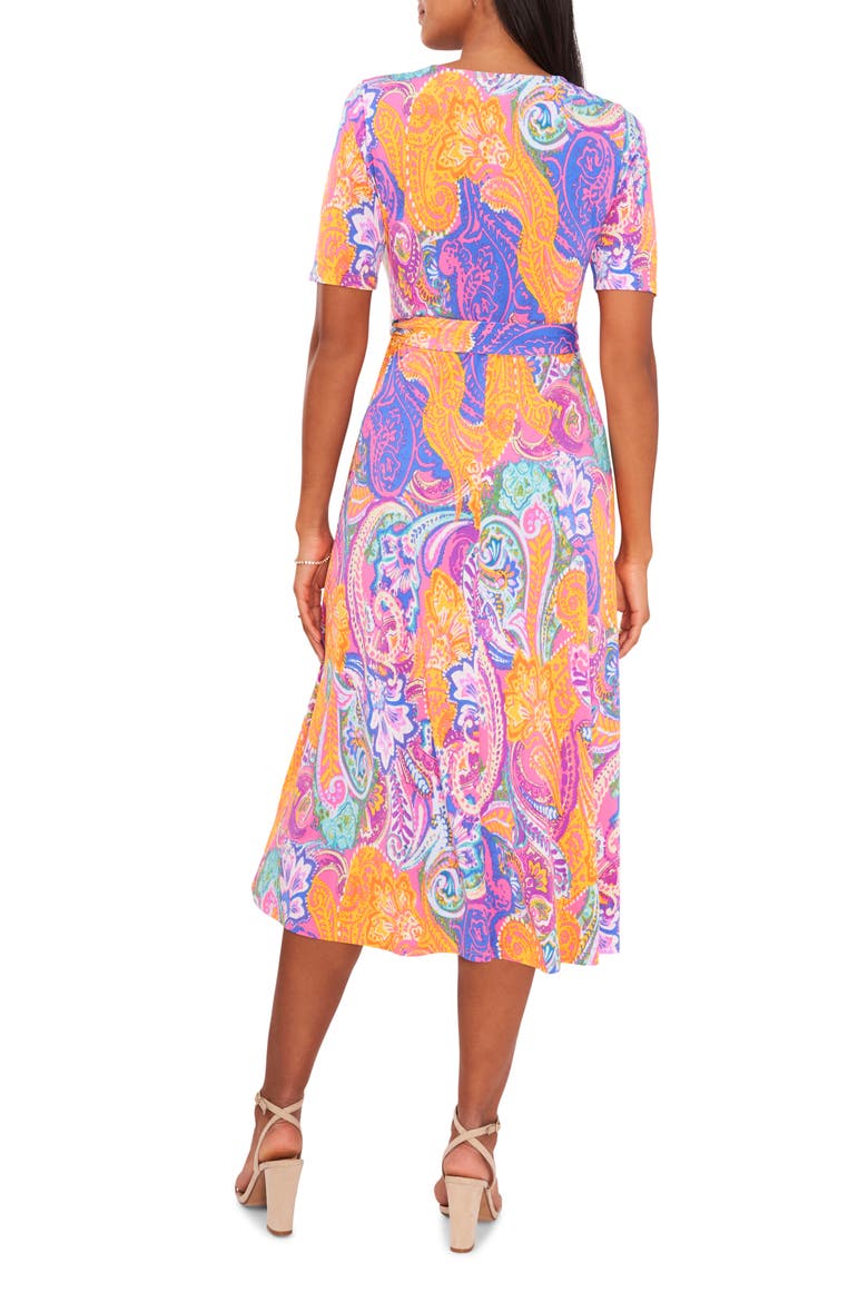 V-Neck Belted Midi Dress, Alternate, color, FUSCHIA/AQUA/MULTI