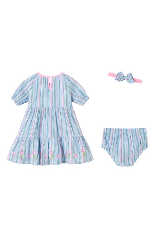 Andy & Evan Stripe Cotton Dress, Bloomers & Bow Headband Set In Blue