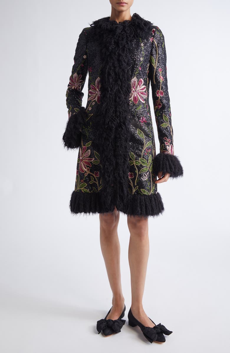 Giambattista Valli Sequin Floral Embroidered Coat with Faux Fur Trim, Main, color, Black Multi