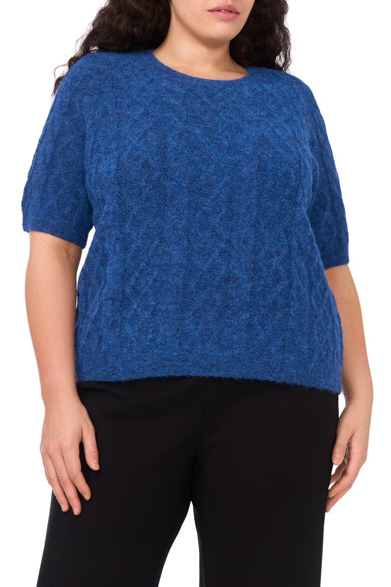 Fuzzy Cable Stitch Short Sleeve Crewneck Sweater, Main, color, MOUNTAIN BLUE