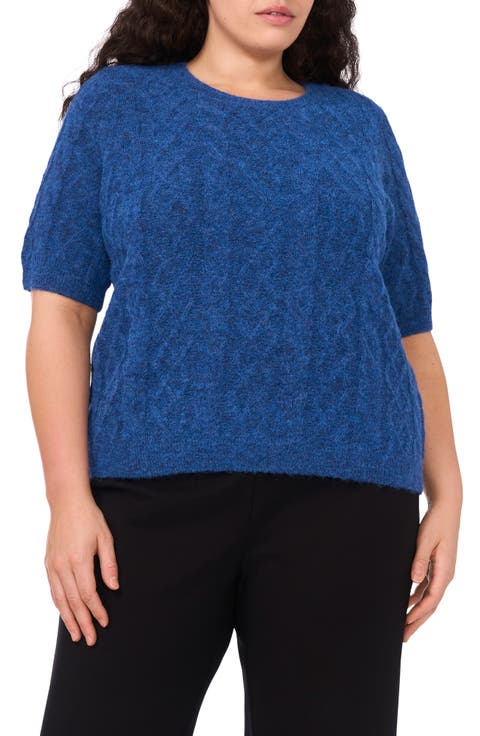 Fuzzy Cable Stitch Short Sleeve Crewneck Sweater (Plus)