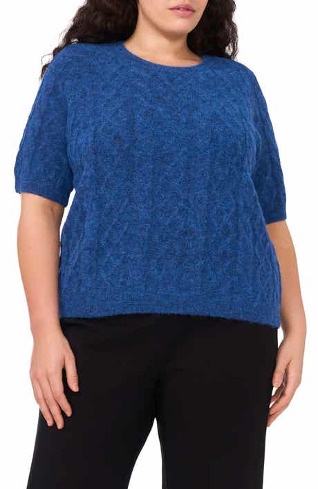 Halogen® Fuzzy Cable Stitch Short Sleeve Crewneck Sweater