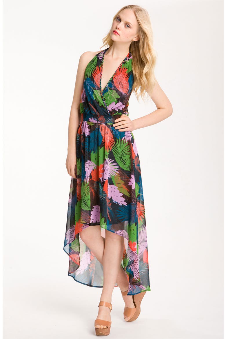 Print Chiffon Halter Dress, Main, color, BLACK TROPICAL