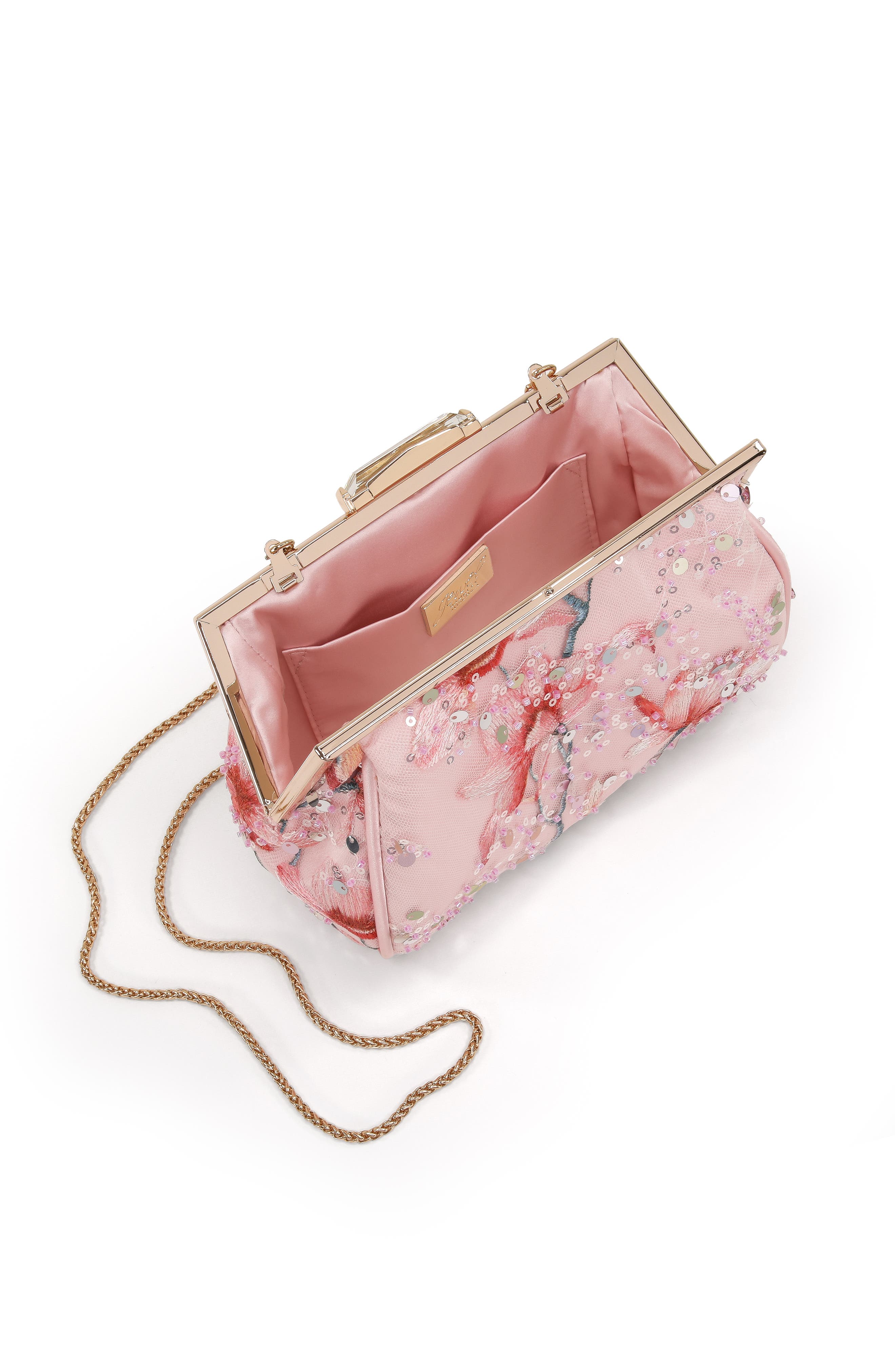Jewel Badgley Mischka Flora Floral Embroidered and Sequin Signature Pouch Clutch, Alternate, color, Blush
