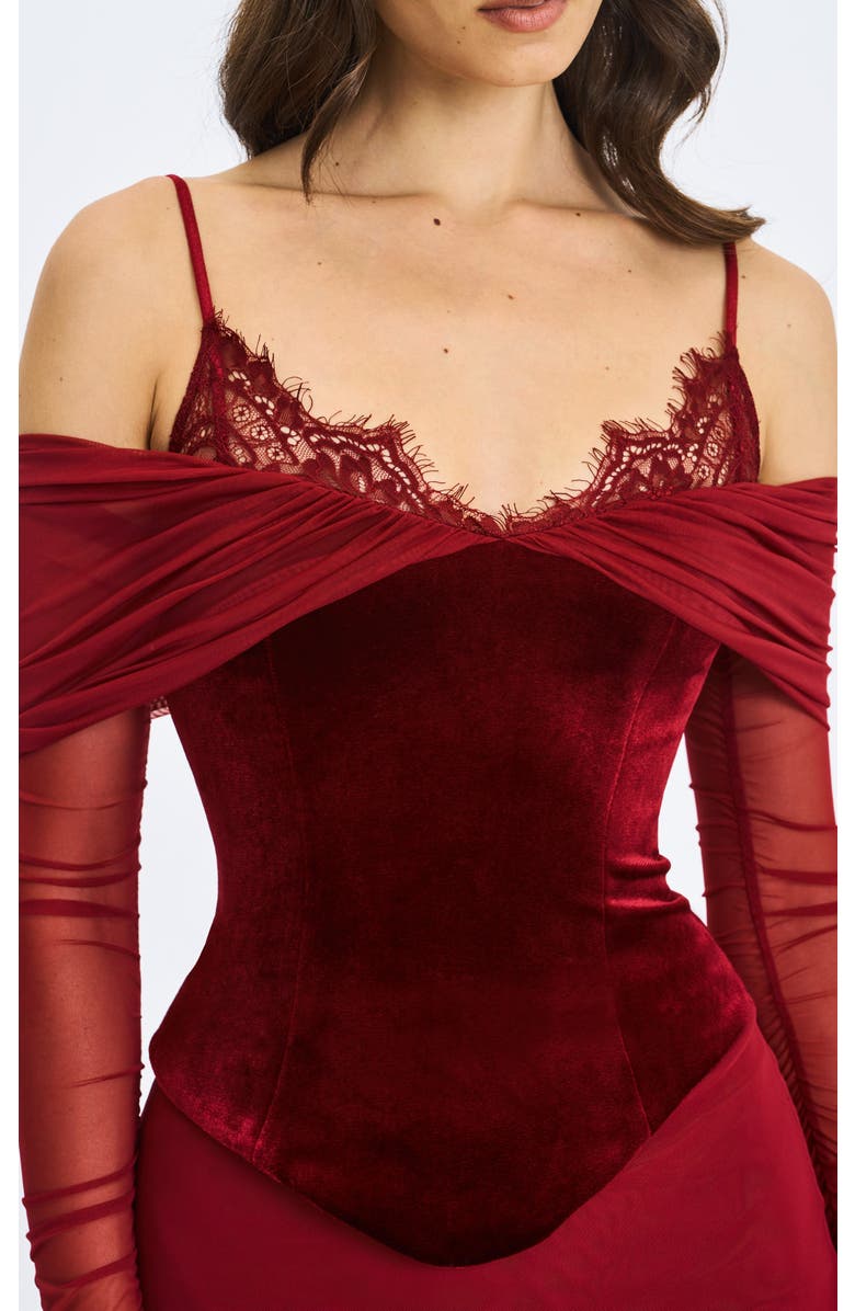 Miss Circle Maybelle Bardot Lace Strap Peplum Maxi Dress, Alternate, color, Magenta