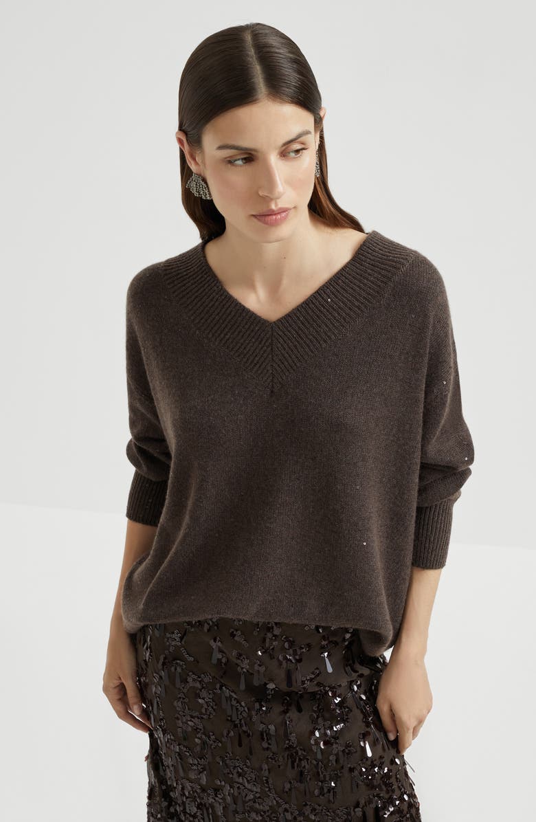 Brunello Cucinelli Cashmere and silk diamond yarn sweater, Alternate, color, Rust Brown