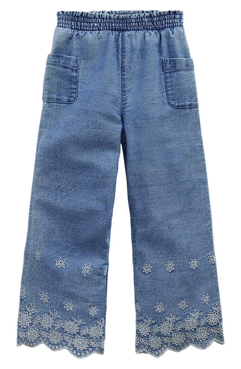 Mini Boden Kids' Embroidered Eyelet Border Wide Leg Denim Pants, Main, color, 
