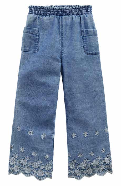 Mini Boden Kids' Embroidered Eyelet Border Wide Leg Denim Pants