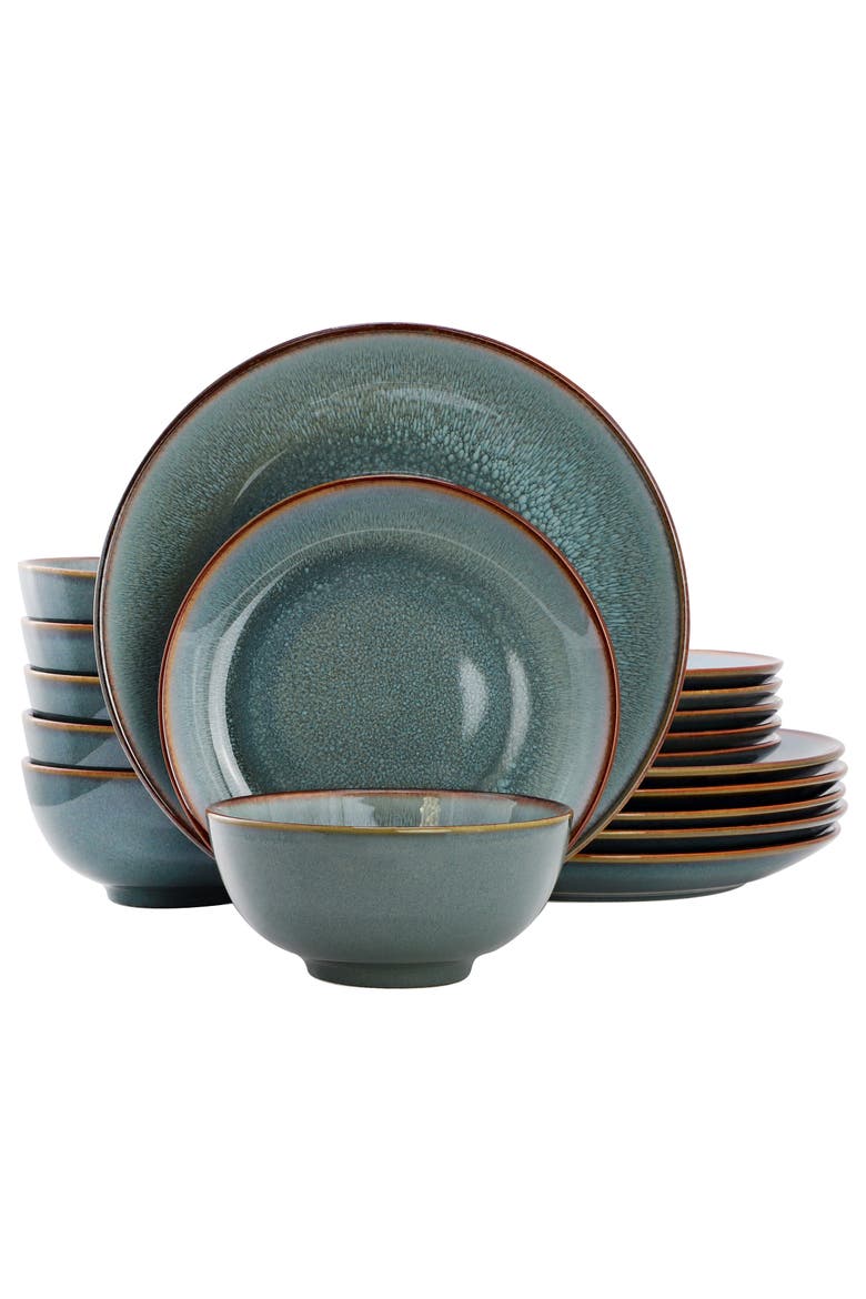 18 Piece Stoneware Dinnerware Set in Blue w/ Brown Rim, Main, color, Blue