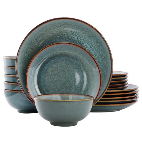 18 Piece Stoneware Dinnerware Set in Blue w/ Brown Rim