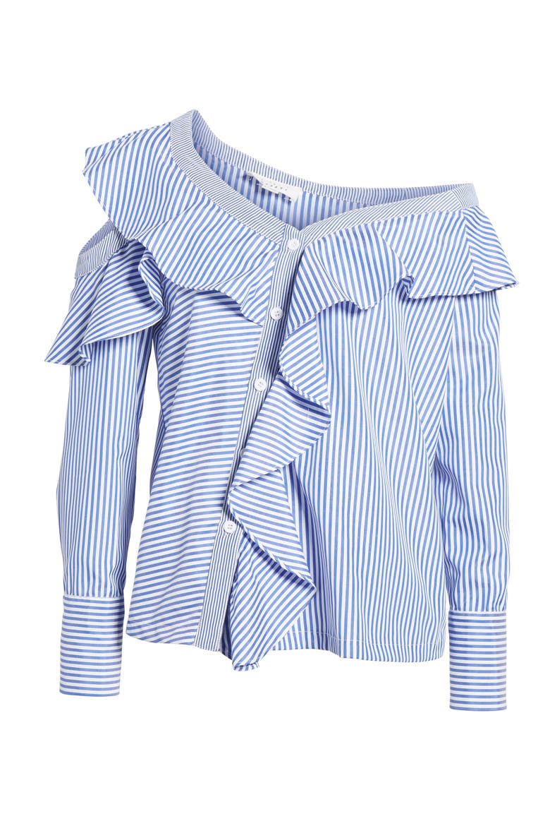 Asymmetrical Open Shoulder Ruffle Top (Nordstrom Exclusive), Alternate, color, BLUE/ WHITE STRIPE