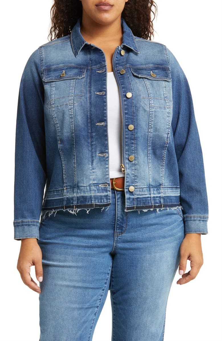 Wit & Wisdom Release Hem Denim Trucker Jacket, Main, color, Mid Blue Vintage