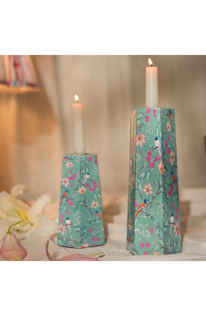 Mela Artisans Aqua Flora Hexagonal Candleholders, Alternate, color, Aqua Flora