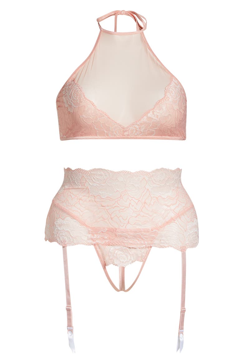 Crop Halter Top, Garter Belt & G-String Thong, Main, color, PINK