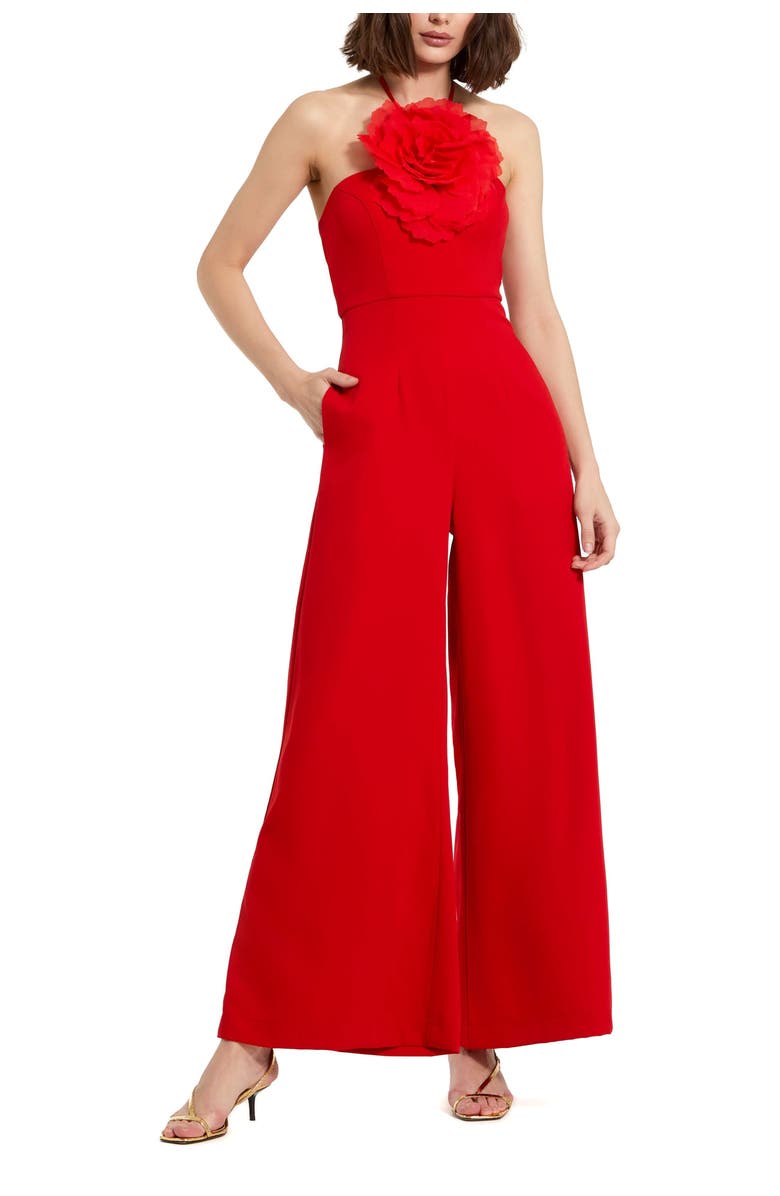 Mac Duggal Crepe Halter Neck Flower Detail Jumpsuit, Main, color, Cherry