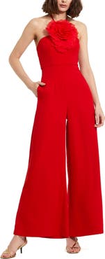 Mac Duggal Crepe Halter Neck Flower Detail Jumpsuit